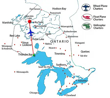 Map showing the charter flight route from Pickle Lake to Bearskin Lake